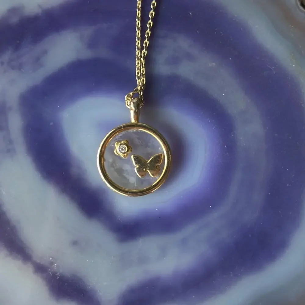 Pressed Flower and Butterfly Gold Dainty Pendant and Chain Necklace